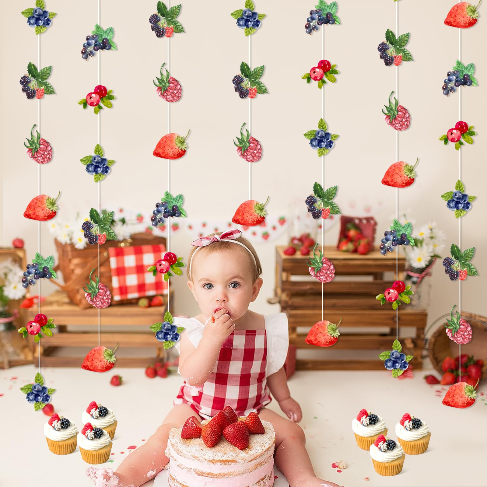 Kreatwow Berry Party Banner Set – 8 Hanging Streamers with Strawberry & Blueberry Theme, 2m Each, Reusable Card Paper Decor for Baby Shower, Birthday, Gender Reveal