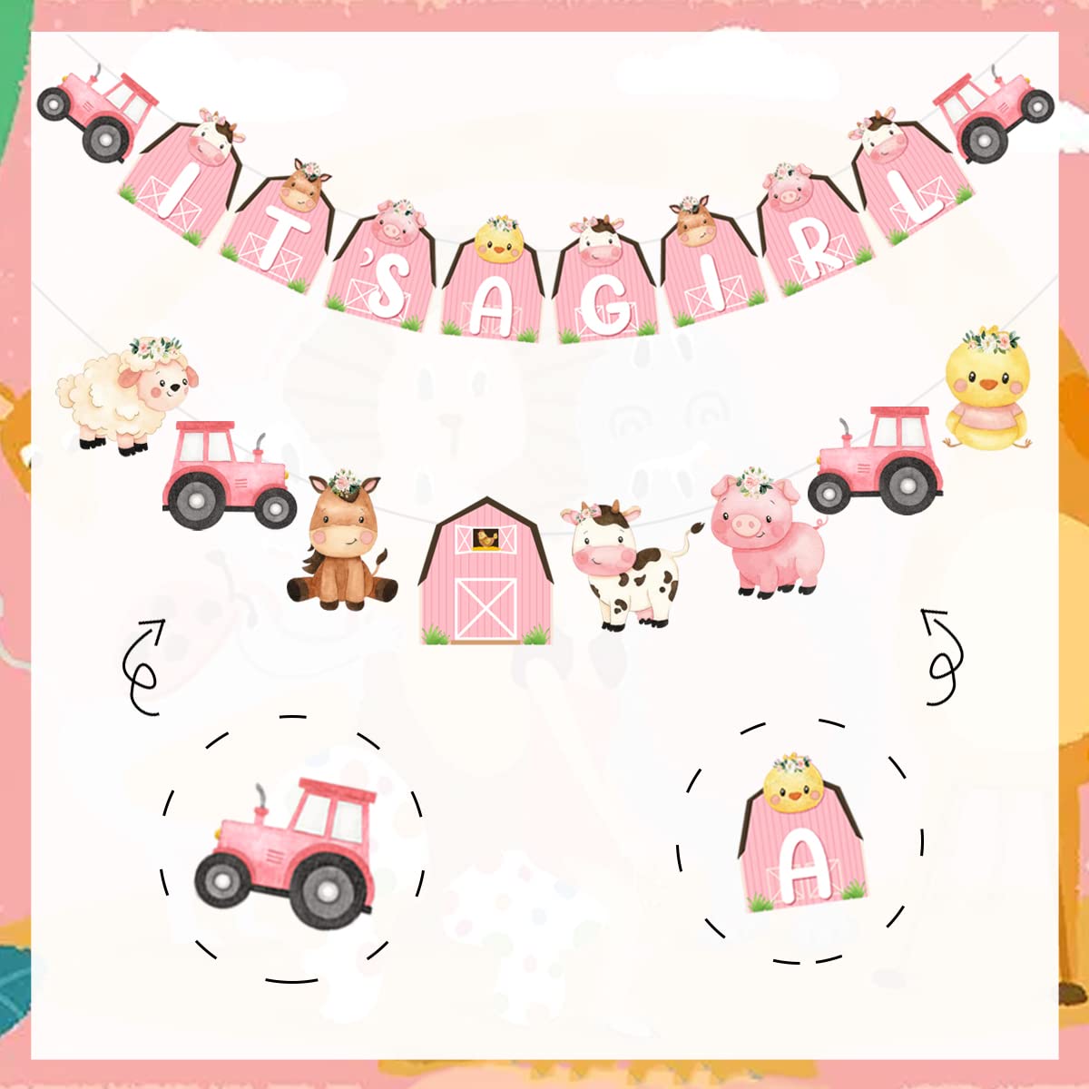 Kreatwow It's a Girl Farm Animal Banner & Garland Set - Pink Barnyard Baby Shower Decorations