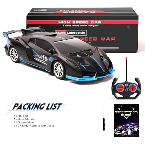 KULARIWORLD 1:18 RC Car for Boys – Fast Rechargeable with Headlights (Black/Blue)