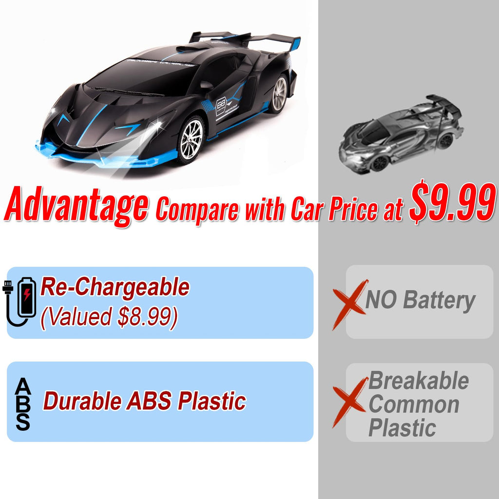 KULARIWORLD 1:18 RC Car for Boys – Fast Rechargeable with Headlights (Black/Blue)