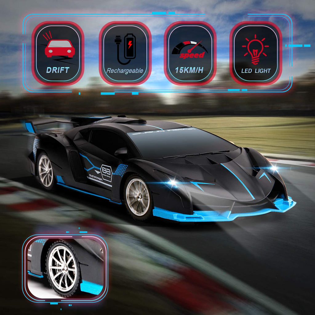 KULARIWORLD 1:18 RC Car for Boys – Fast Rechargeable with Headlights (Black/Blue)
