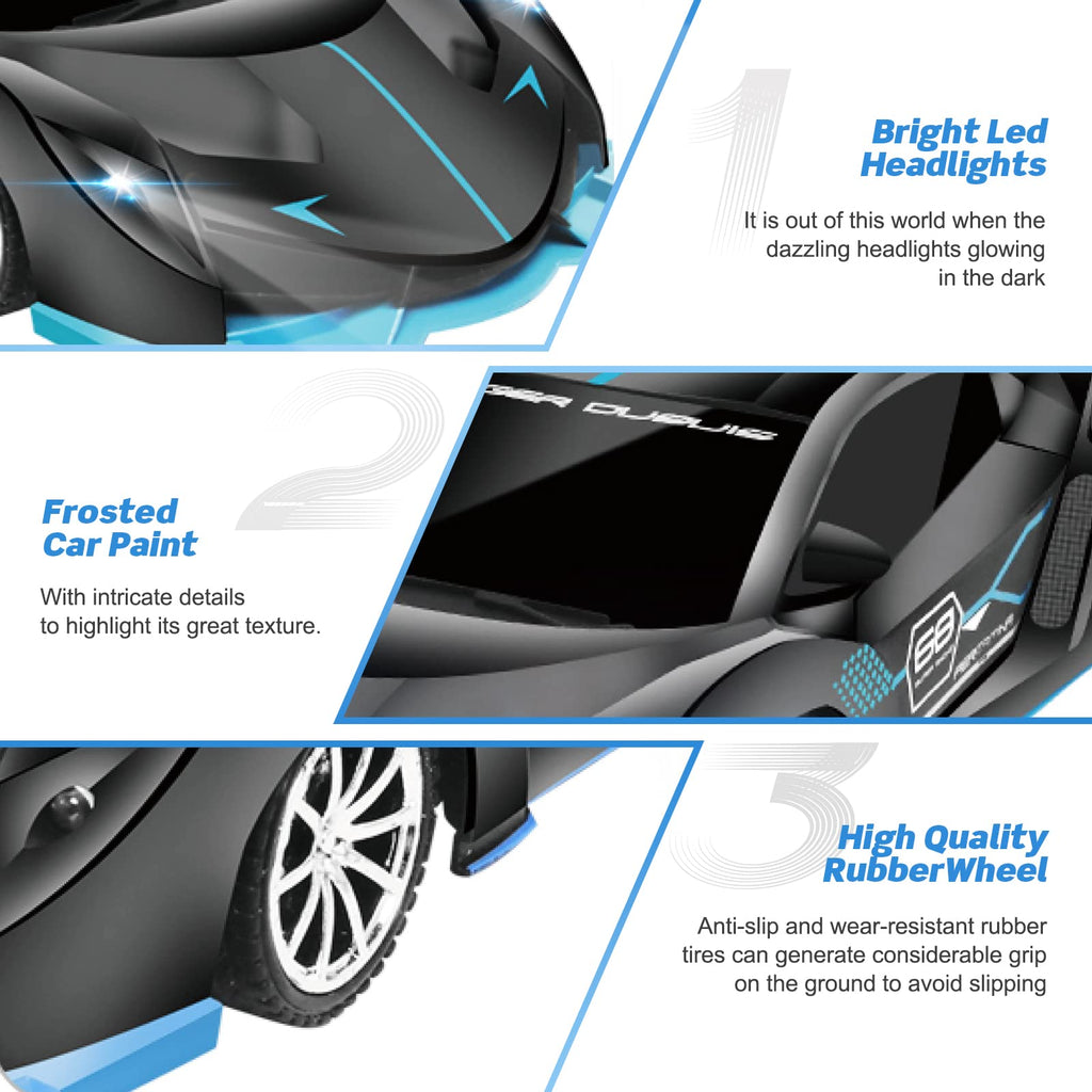 KULARIWORLD 1:18 RC Car for Boys – Fast Rechargeable with Headlights (Black/Blue)