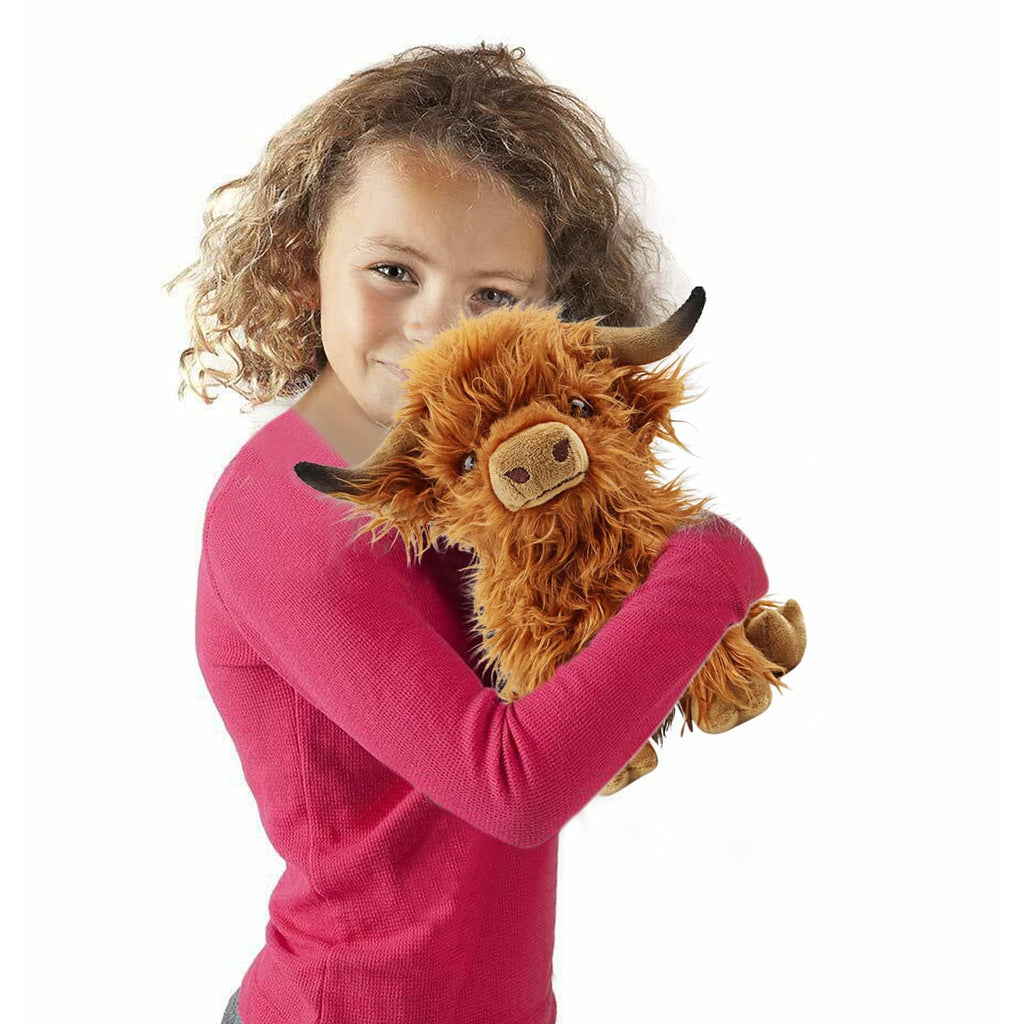 Kulupu 10.5 Inch Highland Cow Plush Toy - Realistic Soft Stuffed Animal, Handmade Fluffy Farm Cow with Long Horns, Cute Pillow for Kids and Adults