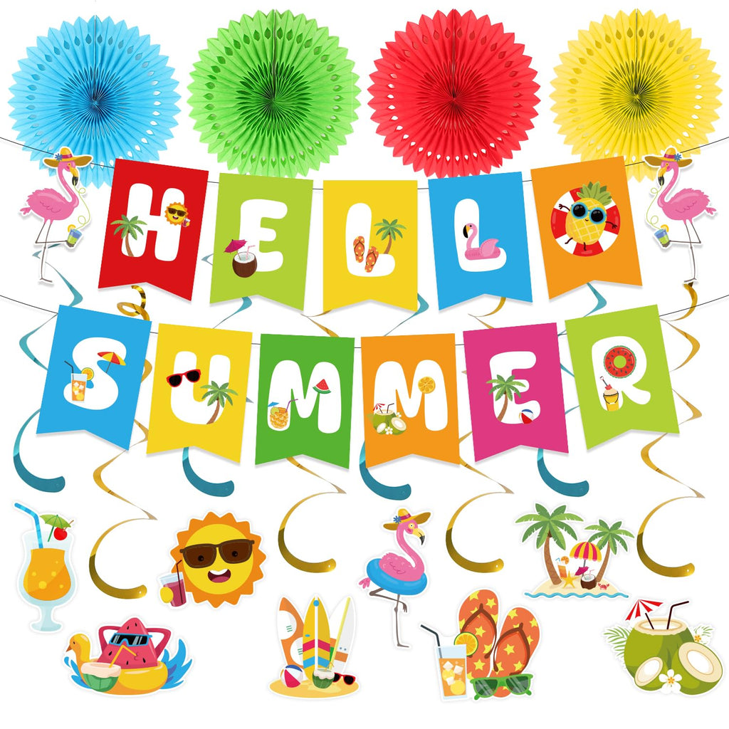 Kunstlhua Summer Decorations Set with Hello Summer Banner, Hanging Swirls, and Paper Fans for Beach Pool Parties