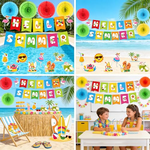 Kunstlhua Summer Decorations Set with Hello Summer Banner, Hanging Swirls, and Paper Fans for Beach Pool Parties