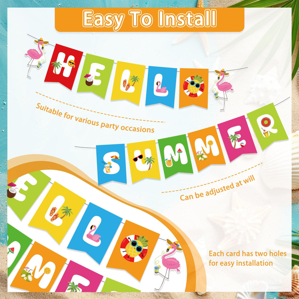 Kunstlhua Summer Decorations Set with Hello Summer Banner, Hanging Swirls, and Paper Fans for Beach Pool Parties