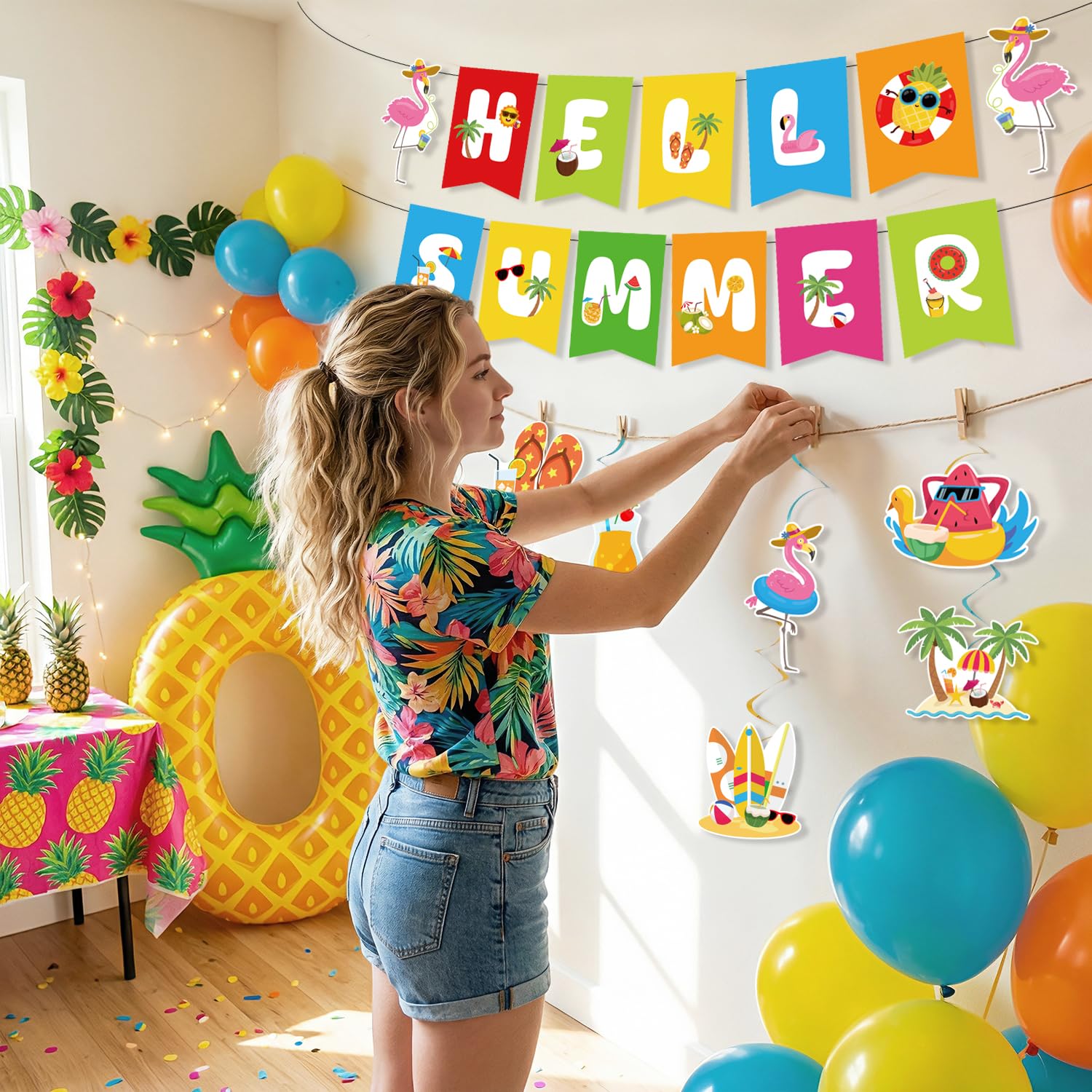 Kunstlhua Summer Decorations Set with Hello Summer Banner, Hanging Swirls, and Paper Fans for Beach Pool Parties