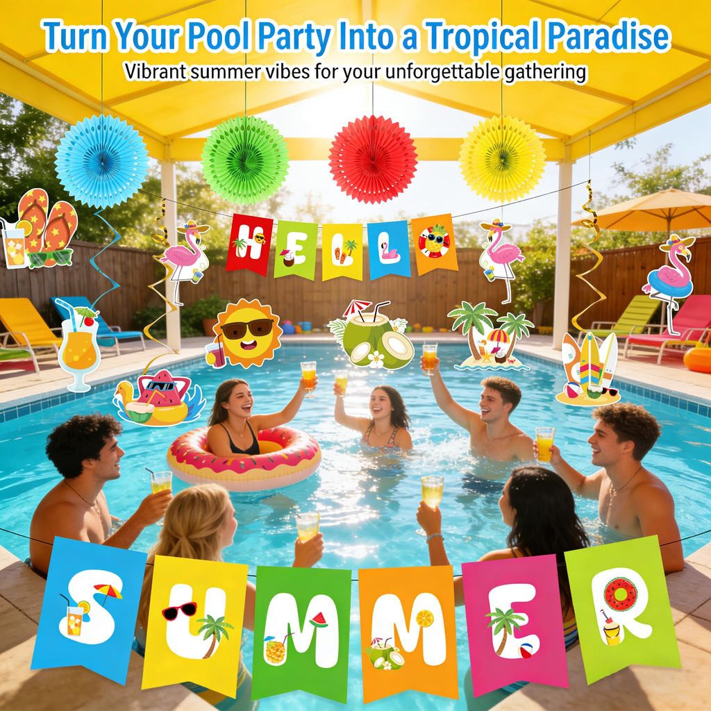 Kunstlhua Summer Decorations Set with Hello Summer Banner, Hanging Swirls, and Paper Fans for Beach Pool Parties