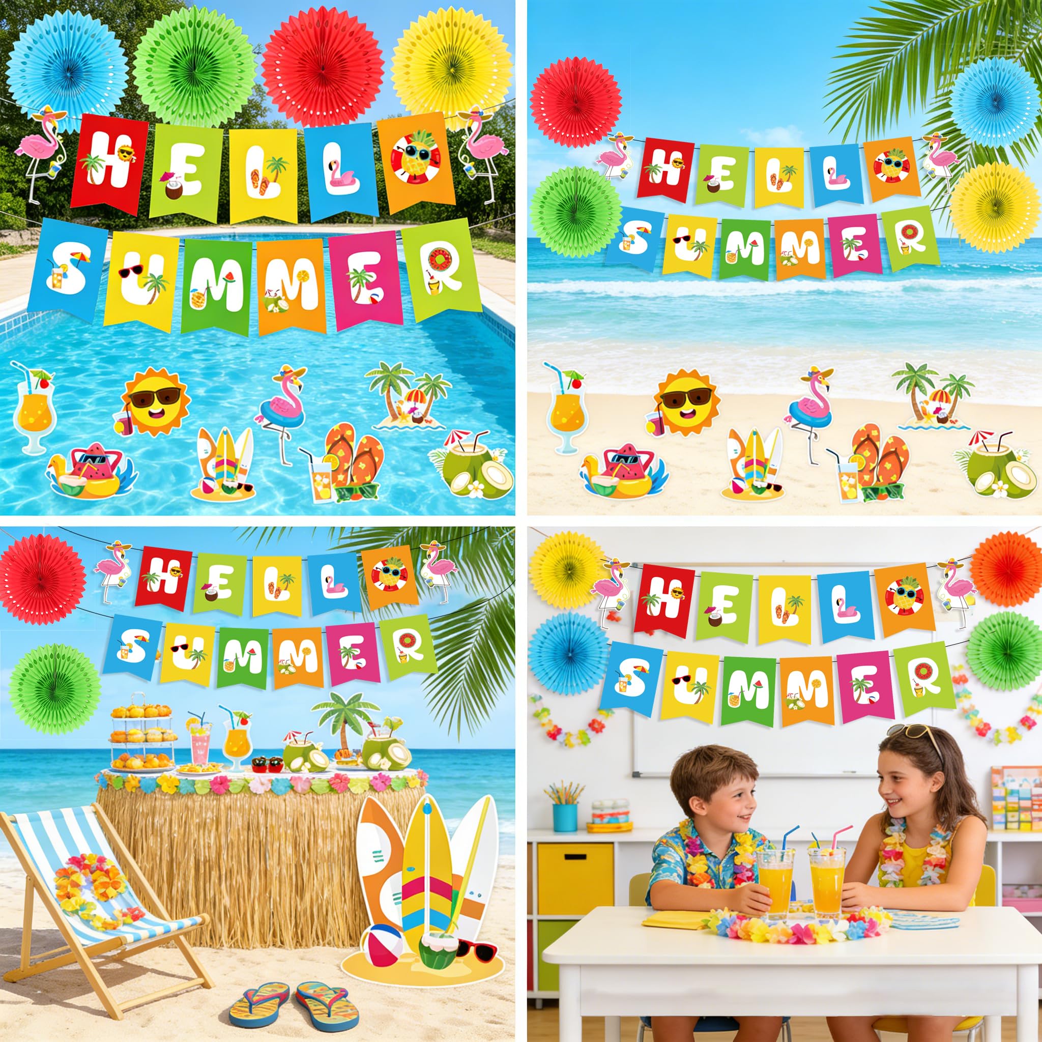 Kunstlhua Summer Decorations Set with Hello Summer Banner, Hanging Swirls, and Paper Fans for Beach Pool Parties