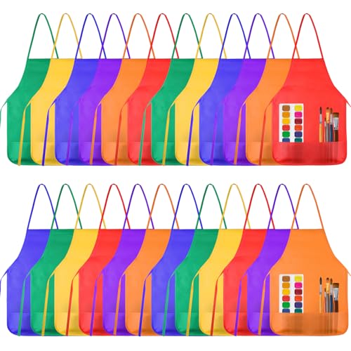 KUUQA Kids Art Aprons Bulk 24-Pack – Non-Woven Painting Smocks with Two Pockets for Ages 3-7