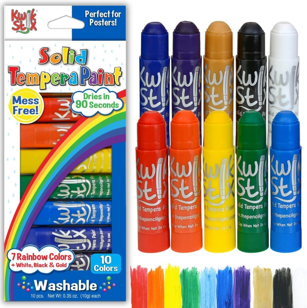 Kwik Stix Solid Tempera Paint Sticks, 10 Rainbow Colors, Washable & Non-Toxic, Quick Drying, Mess-Free Art Supplies for Kids