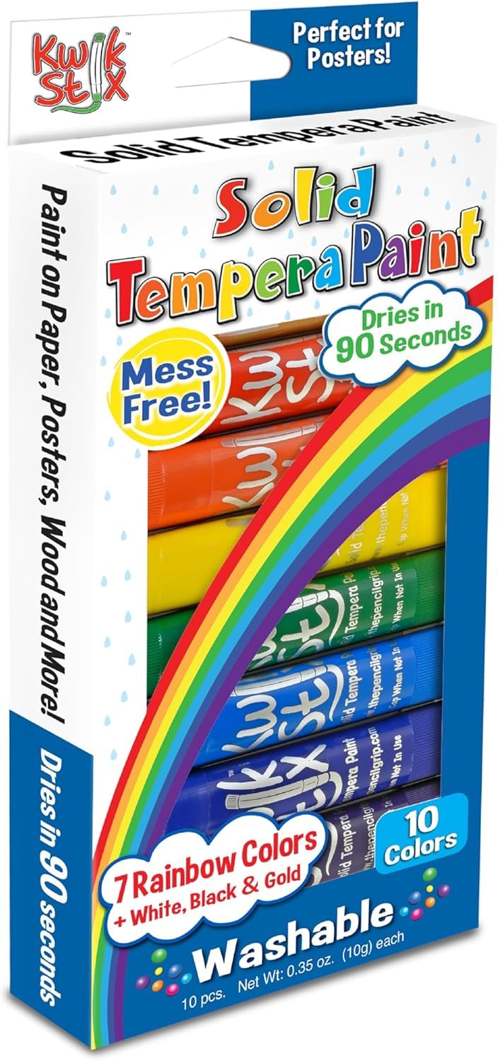 Kwik Stix Solid Tempera Paint Sticks, 10 Rainbow Colors, Washable & Non-Toxic, Quick Drying, Mess-Free Art Supplies for Kids
