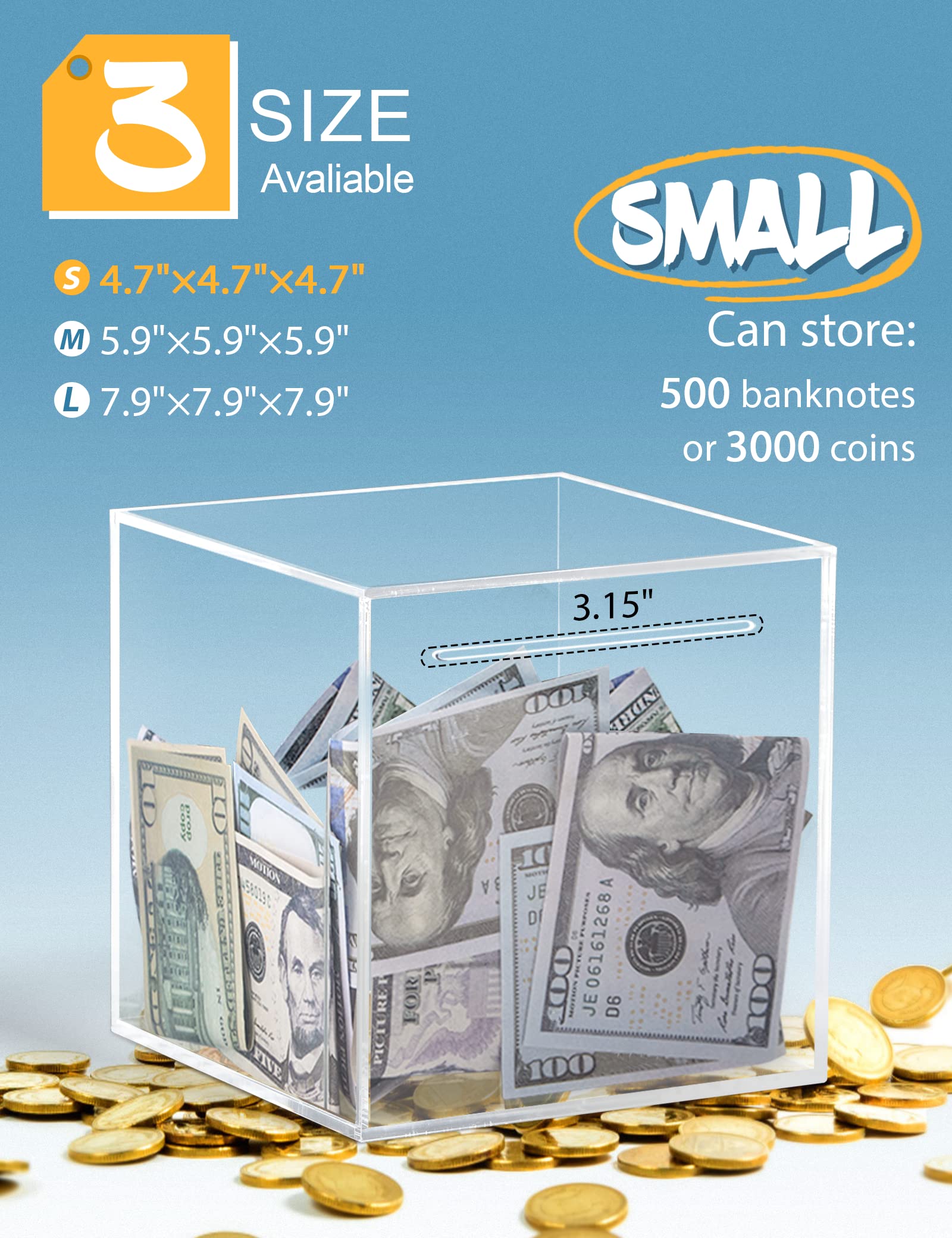 Kypeeka Clear Acrylic Piggy Bank – Unopenable Money Box for Adults & Kids (4.72")