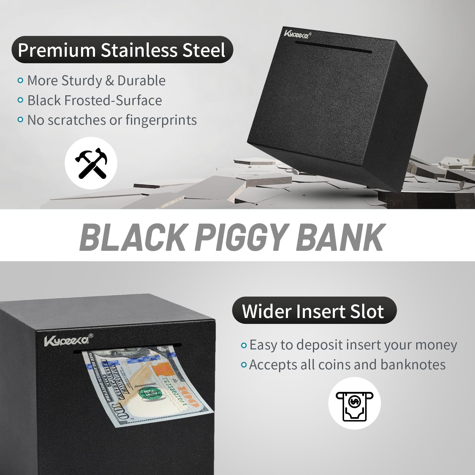 Kypeeka Unbreakable Stainless Steel Piggy Bank for Adults – Must Break to Open, Black 4.72 Inch Savings Box