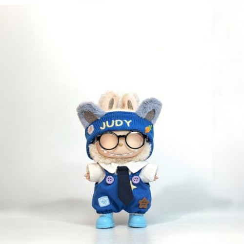 Labubu Doll Clothes Set - 6-Piece Bunny Overall Outfit with Shirt, Headband, Glasses, Tie & Shoes for 17cm Dolls (Doll Not Included)