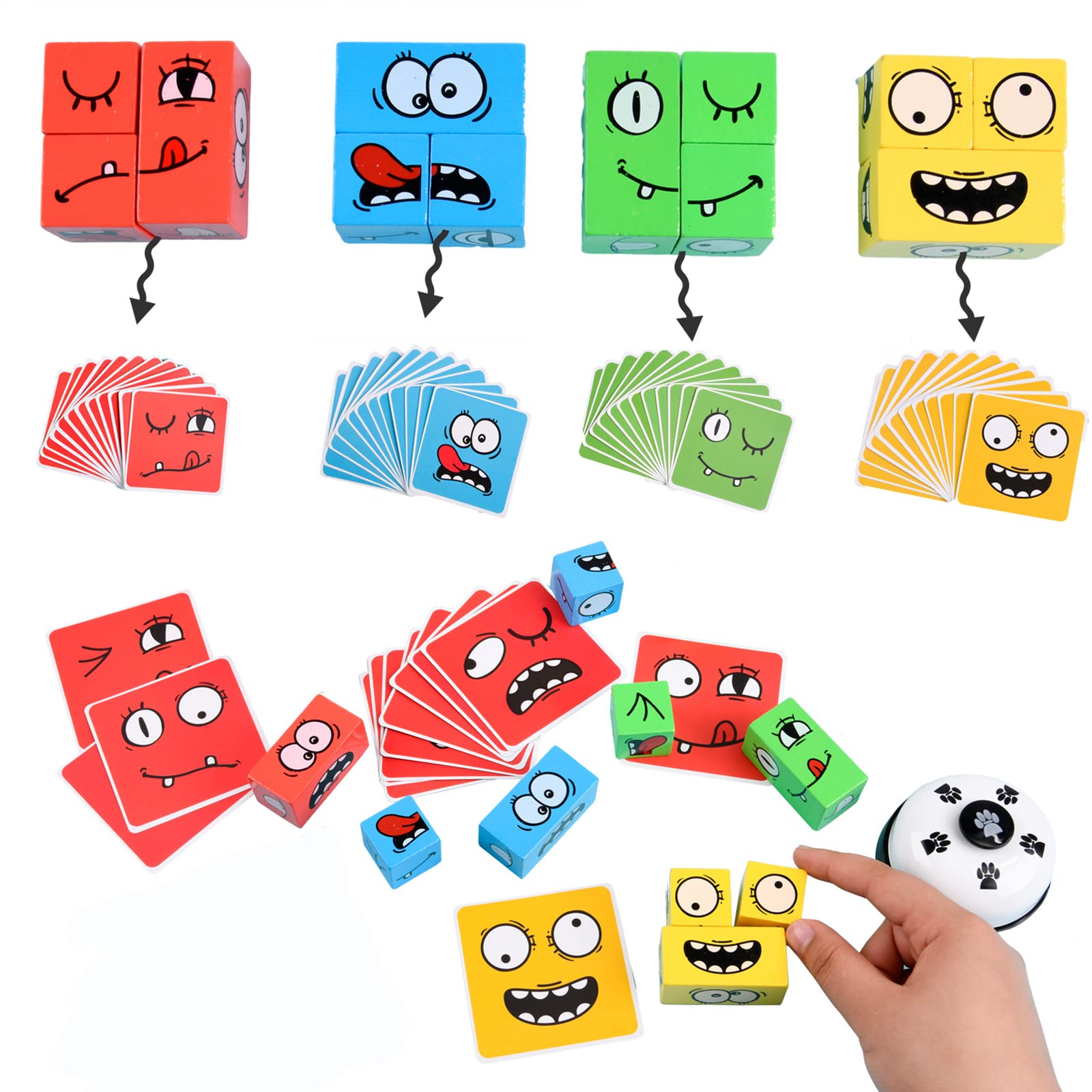 LADVATKIN Wooden Face Changing Magic Cube Game with Bell – Expression Pattern Matching Puzzle for Kids & Adults Family Night Fun