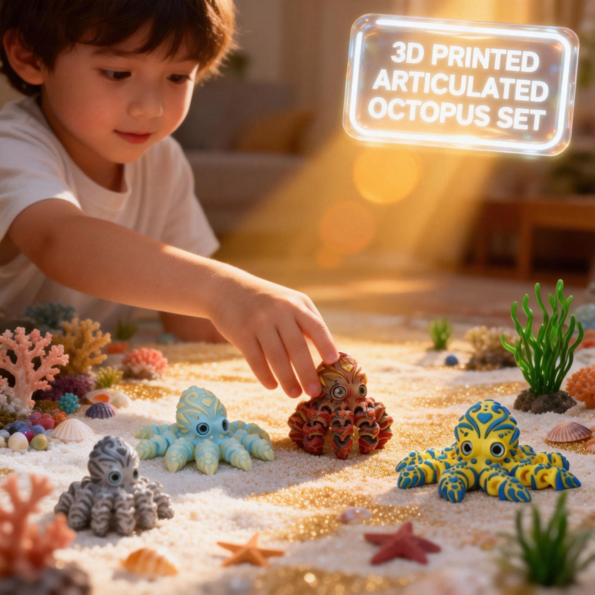 Laehovr 4-Pack 4-Inch 3D Printed Articulated Octopus Fidget Toy - Flexible PLA Desk Pets for Stress Relief, Sensory Toys for Kids & Adults