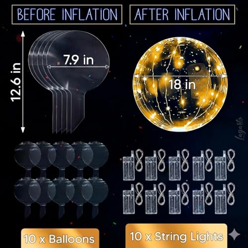 Lagarto 10-Pack Clear LED Balloons: 18-Inch Reusable Glow Balloons with Individual Light Strings for Parties, Weddings, Birthdays (Batteries Required)