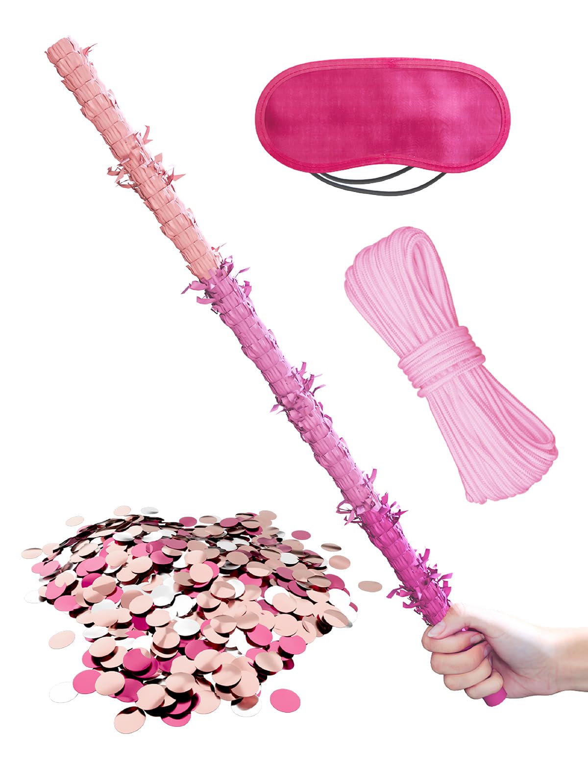 LAKINGO Extra-Strong Wooden Piñata Stick 31.5" - Heavy-Duty Pink Party Kit with Rope, Blindfold & Confetti