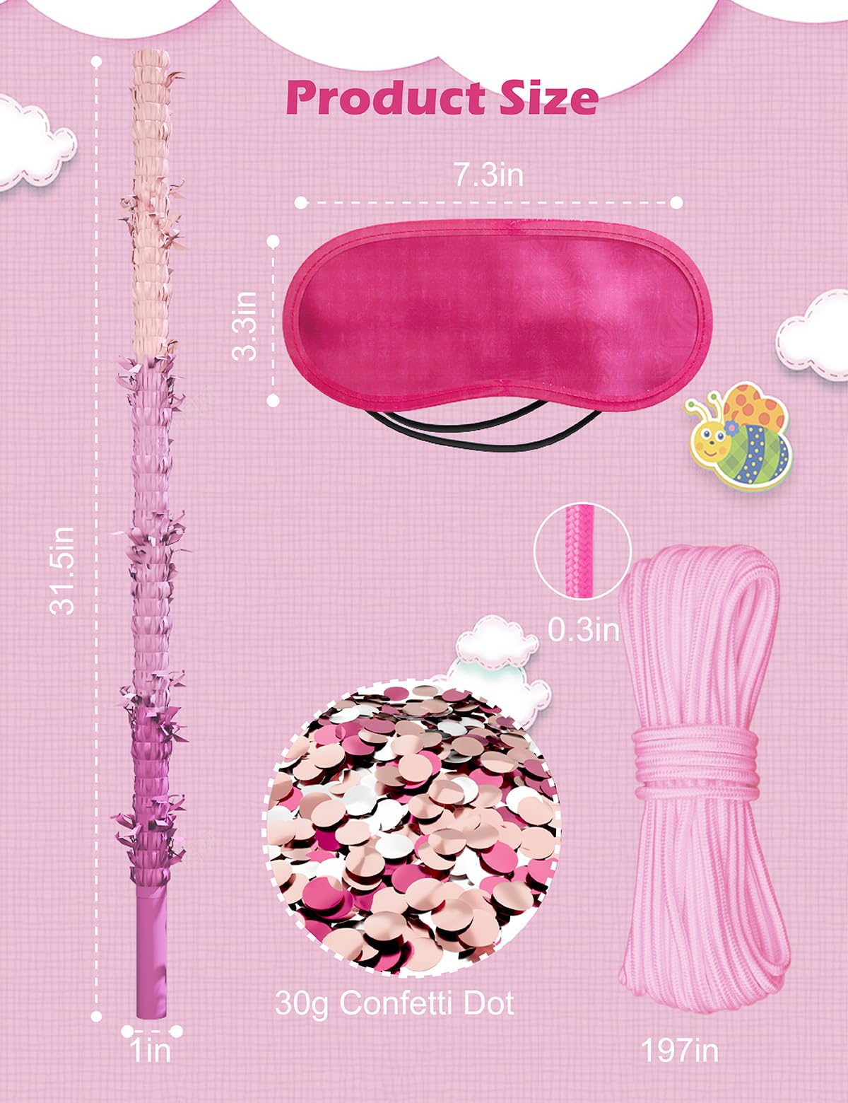 LAKINGO Extra-Strong Wooden Piñata Stick 31.5" - Heavy-Duty Pink Party Kit with Rope, Blindfold & Confetti