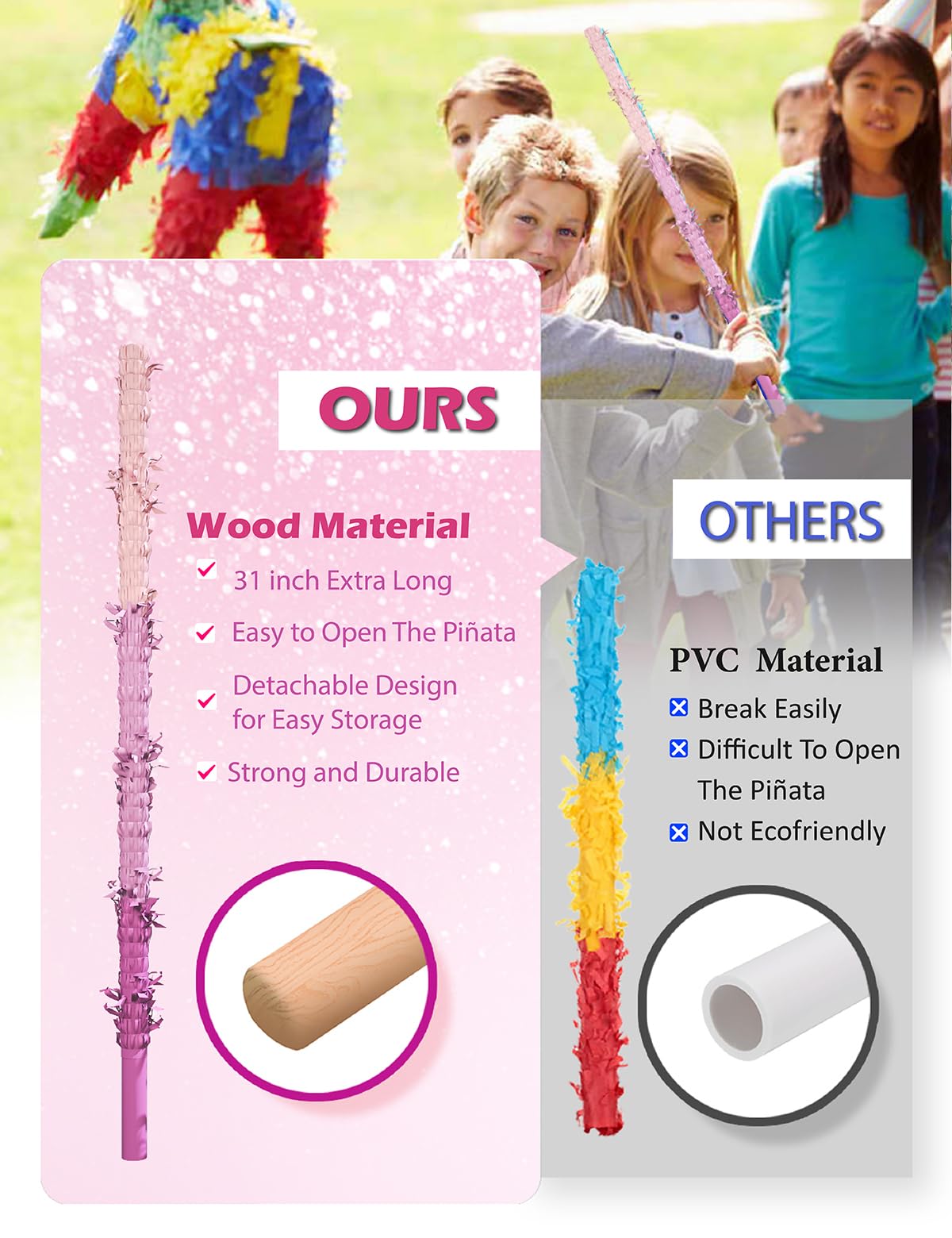 LAKINGO Extra-Strong Wooden Piñata Stick 31.5" - Heavy-Duty Pink Party Kit with Rope, Blindfold & Confetti