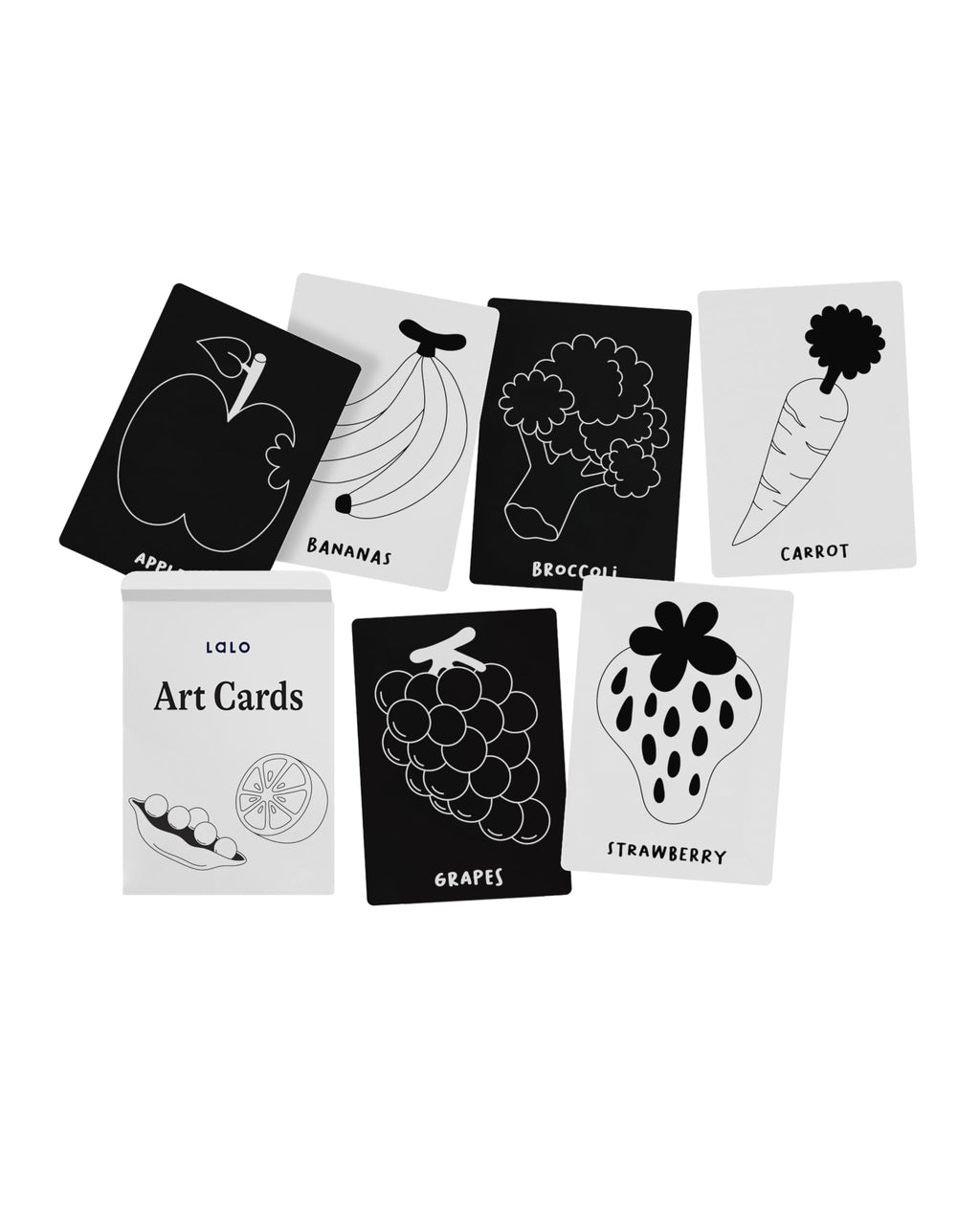 Lalo Art Cards - 6 High Contrast Black and White Baby Cards for Visual Development (Fruits & Veggies)