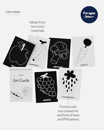 Lalo Art Cards - 6 High Contrast Black and White Baby Cards for Visual Development (Fruits & Veggies)