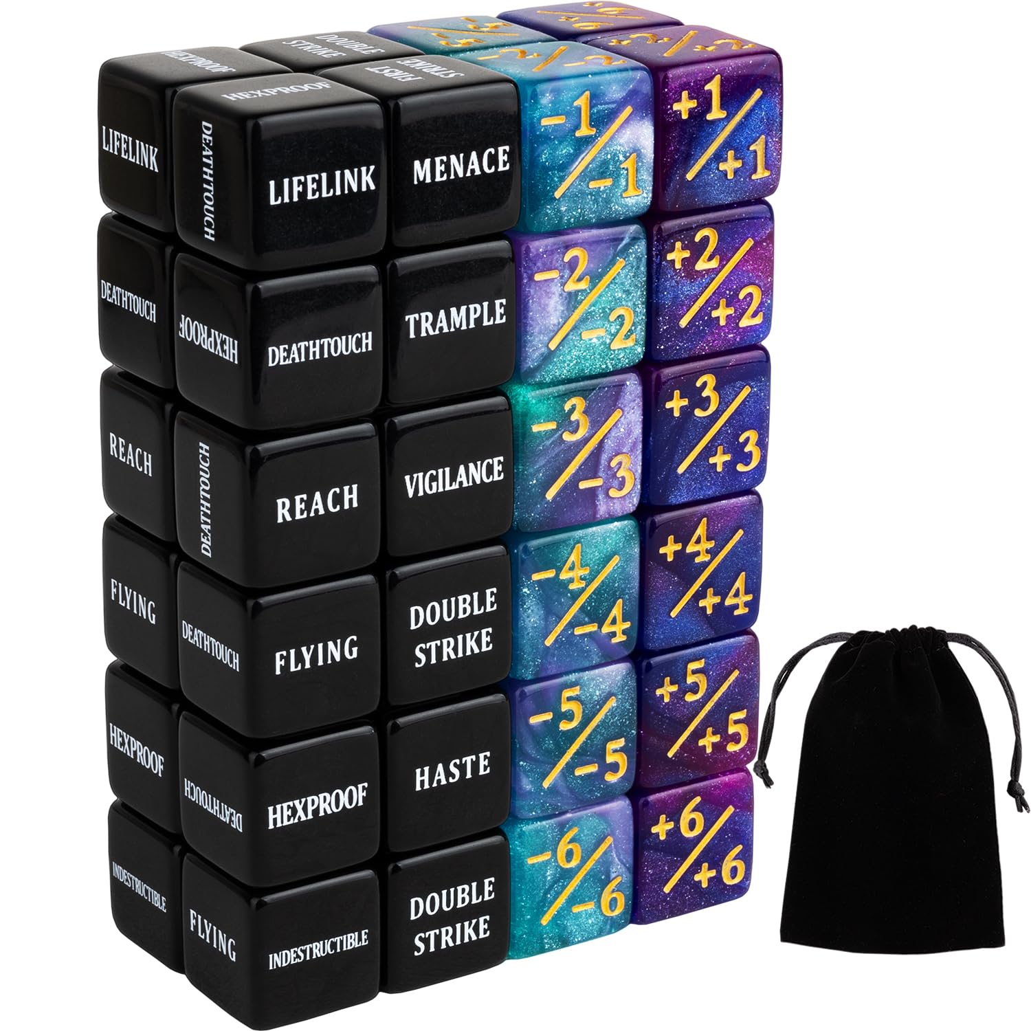 LAMJAM 48-Piece MTG Dice Set – 24 Keyword Dice & 24 Number Counters with Velvet Pouch