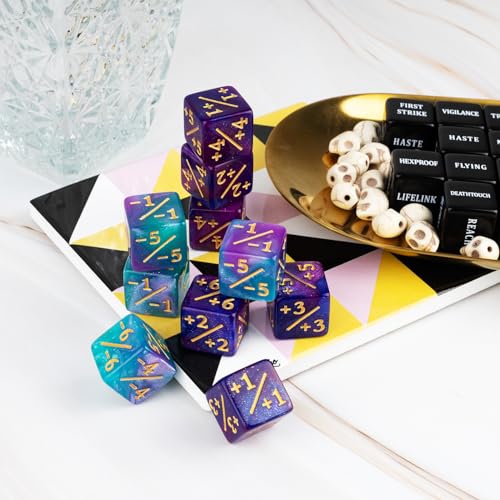 LAMJAM 48-Piece MTG Dice Set – 24 Keyword Dice & 24 Number Counters with Velvet Pouch