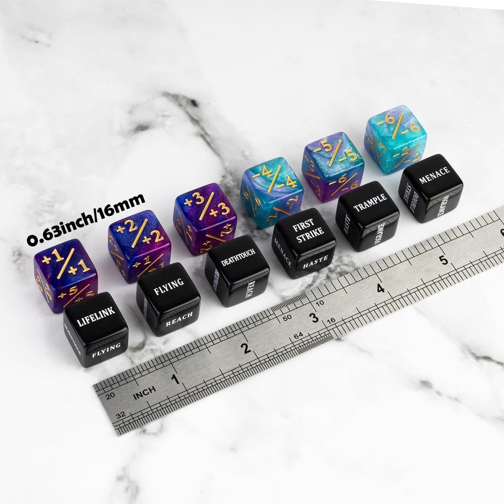 LAMJAM 48-Piece MTG Dice Set – 24 Keyword Dice & 24 Number Counters with Velvet Pouch
