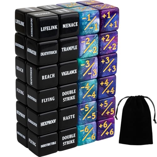 LAMJAM 48-Piece MTG Dice Set – 24 Keyword Dice & 24 Number Counters with Velvet Pouch