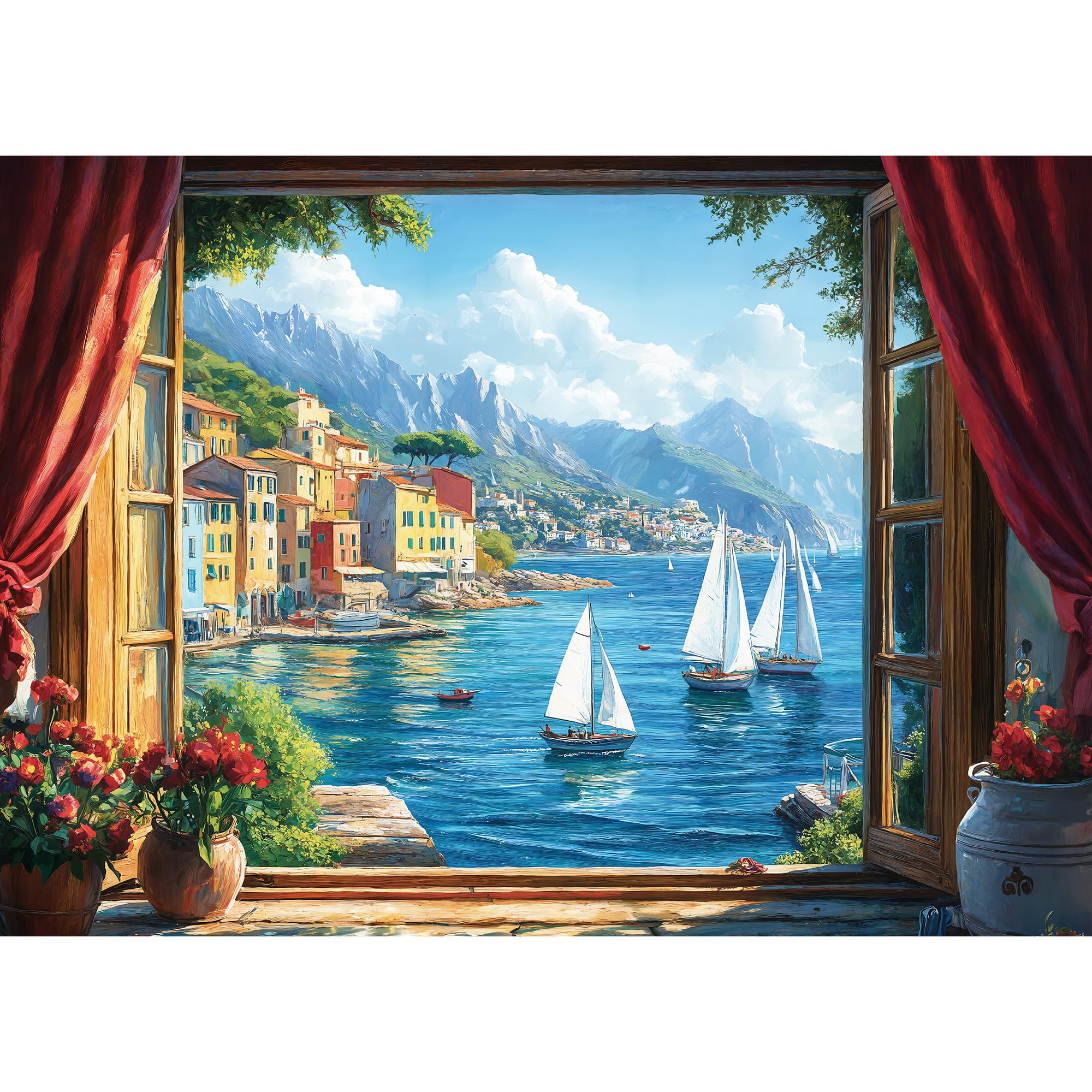 Lamplin 1000-Piece Jigsaw Puzzle: Italian Seaside Village Window View with Lettered Back and Full-Size Poster