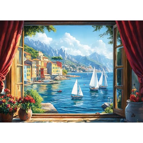 Lamplin 1000-Piece Jigsaw Puzzle: Italian Seaside Village Window View with Lettered Back and Full-Size Poster