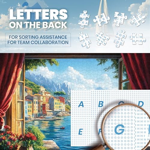 Lamplin 1000-Piece Jigsaw Puzzle: Italian Seaside Village Window View with Lettered Back and Full-Size Poster