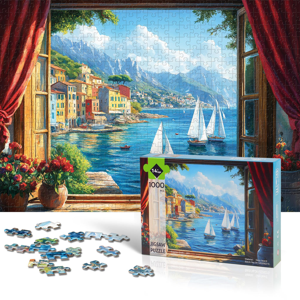 Lamplin 1000-Piece Jigsaw Puzzle: Italian Seaside Village Window View with Lettered Back and Full-Size Poster