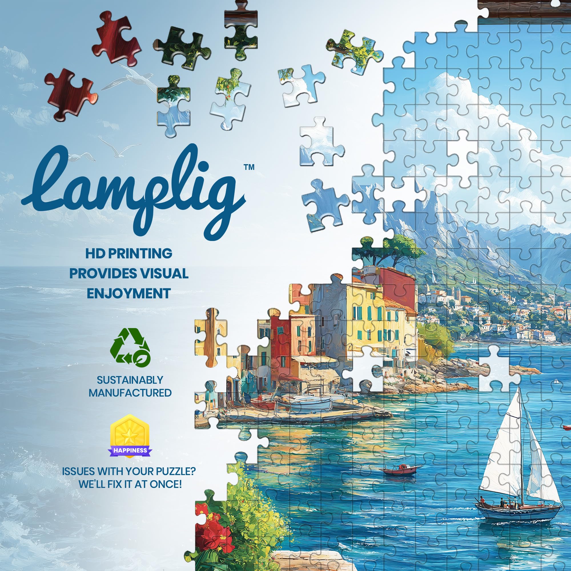 Lamplin 1000-Piece Jigsaw Puzzle: Italian Seaside Village Window View with Lettered Back and Full-Size Poster