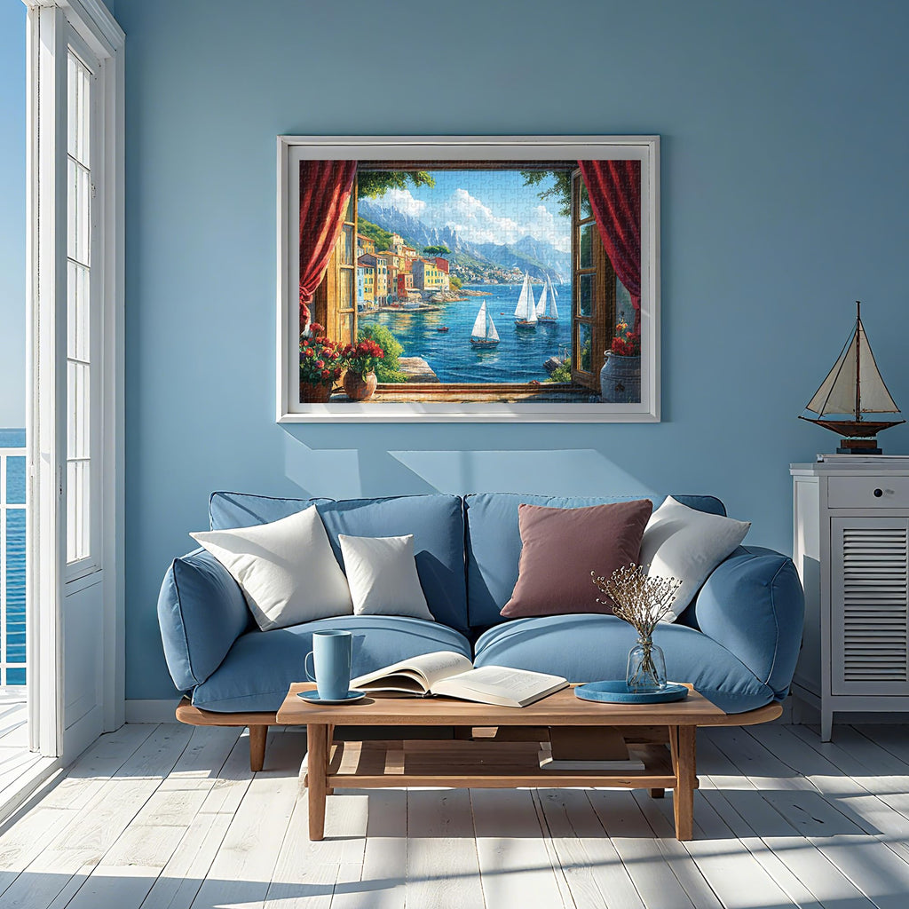 Lamplin 1000-Piece Jigsaw Puzzle: Italian Seaside Village Window View with Lettered Back and Full-Size Poster