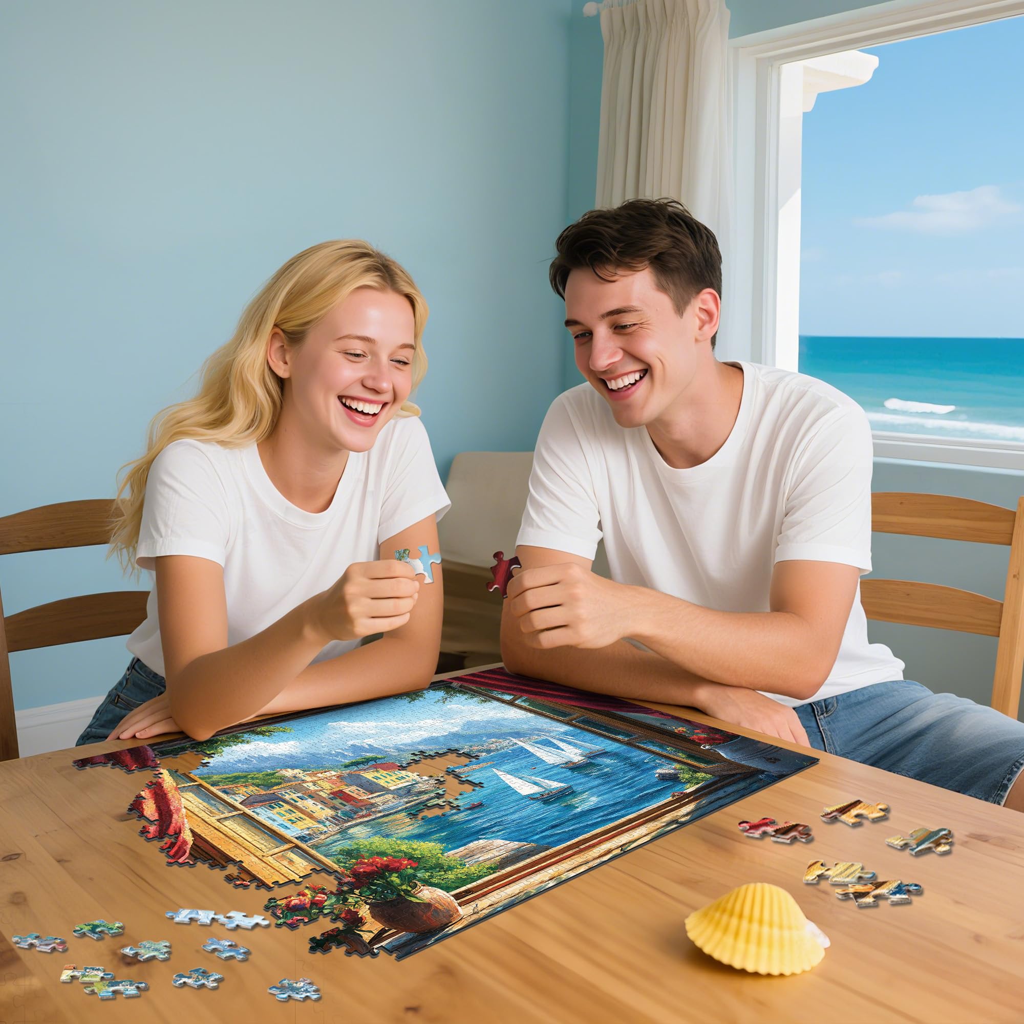 Lamplin 1000-Piece Jigsaw Puzzle: Italian Seaside Village Window View with Lettered Back and Full-Size Poster