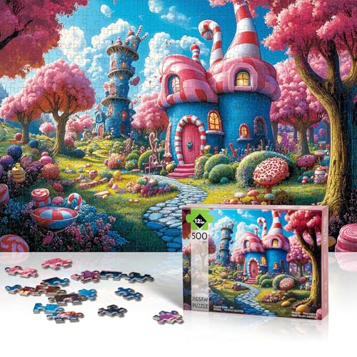 Lamplin 500 Piece Fantasy Candy Puzzle – Fairytale Town Jigsaw with Letters on Back, 20.5x14.9 Inches, Includes Poster