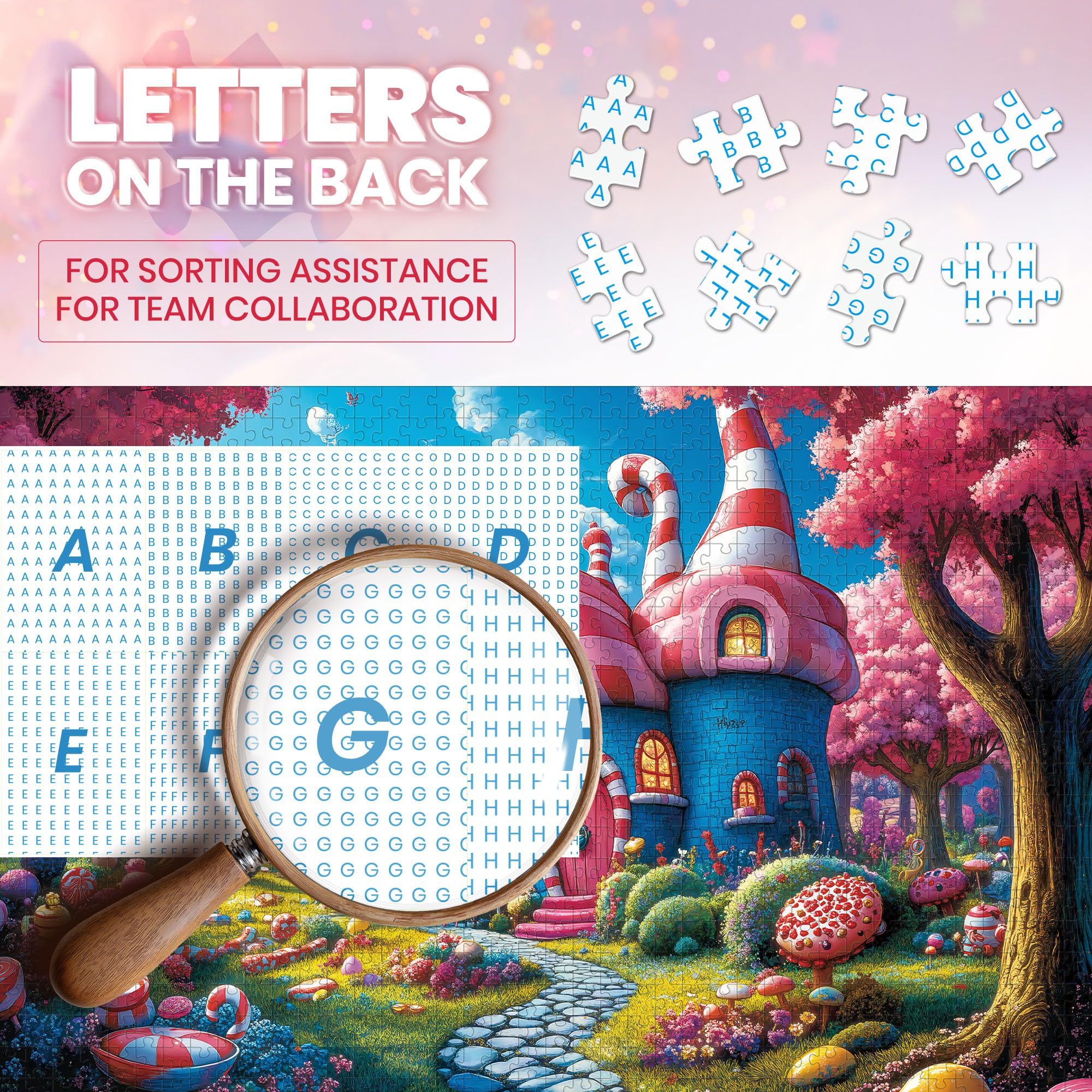 Lamplin 500 Piece Fantasy Candy Puzzle – Fairytale Town Jigsaw with Letters on Back, 20.5x14.9 Inches, Includes Poster