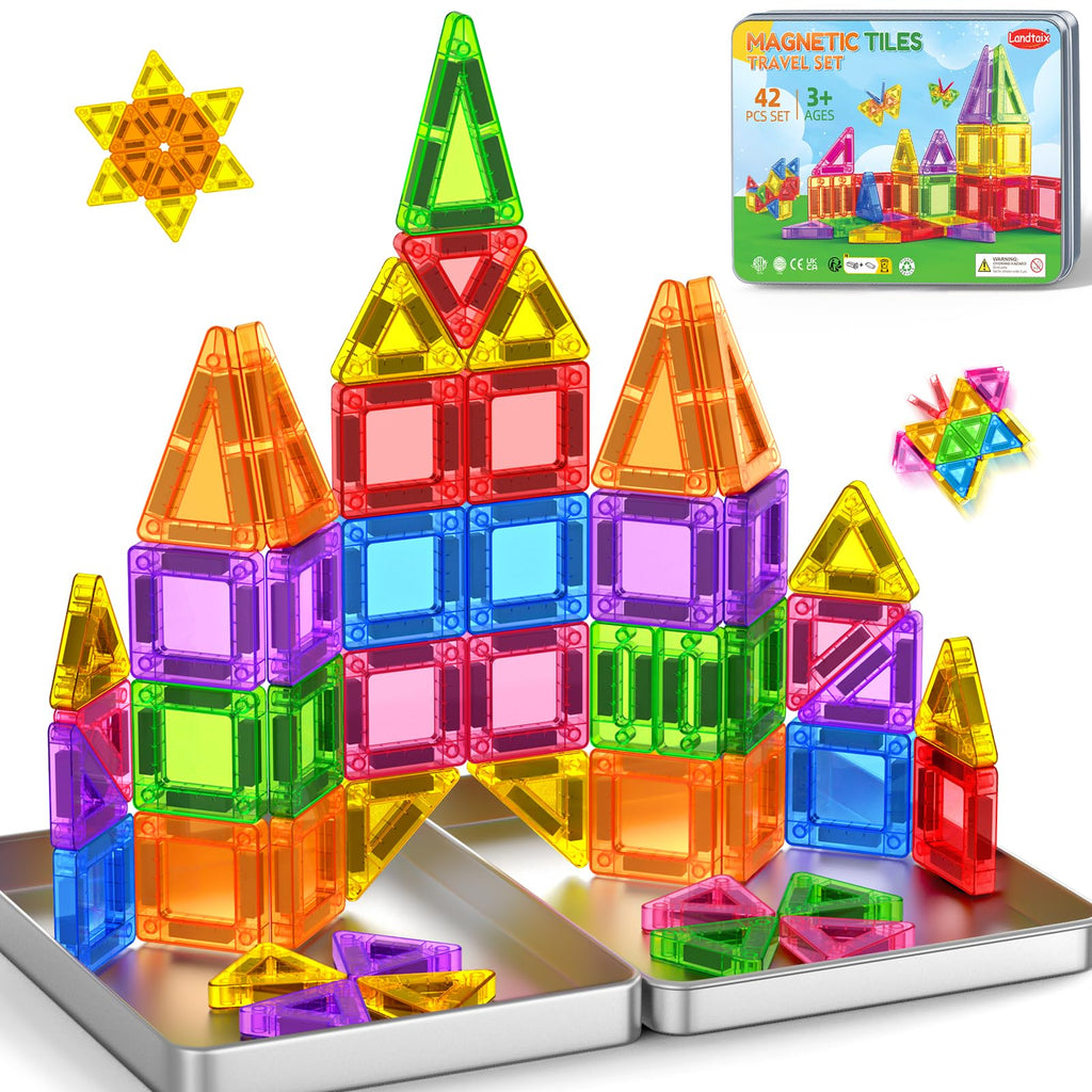 Landtaix 42-Piece Mini Magnetic Tiles Travel Set with Iron Box – Portable Magnet Building Blocks for Kids Ages 3+