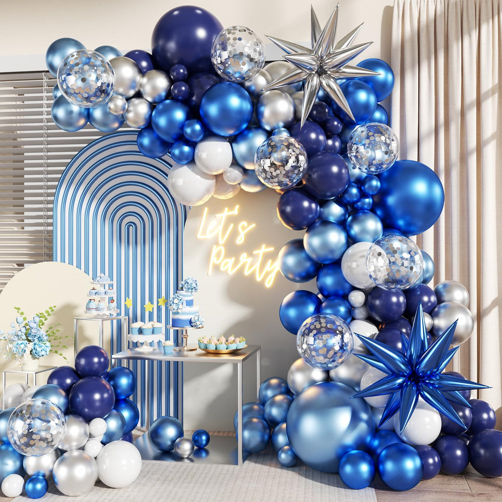 LANGASQUE 140-Piece Balloon Garland Arch Kit: Navy, Metallic Blue, Silver, White, Confetti & Foil Stars for Bachelorette, Birthday, Wedding Decor