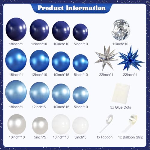 LANGASQUE 140-Piece Balloon Garland Arch Kit: Navy, Metallic Blue, Silver, White, Confetti & Foil Stars for Bachelorette, Birthday, Wedding Decor