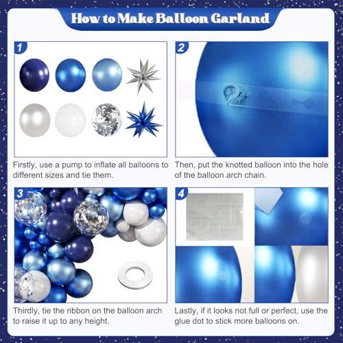 LANGASQUE 140-Piece Balloon Garland Arch Kit: Navy, Metallic Blue, Silver, White, Confetti & Foil Stars for Bachelorette, Birthday, Wedding Decor