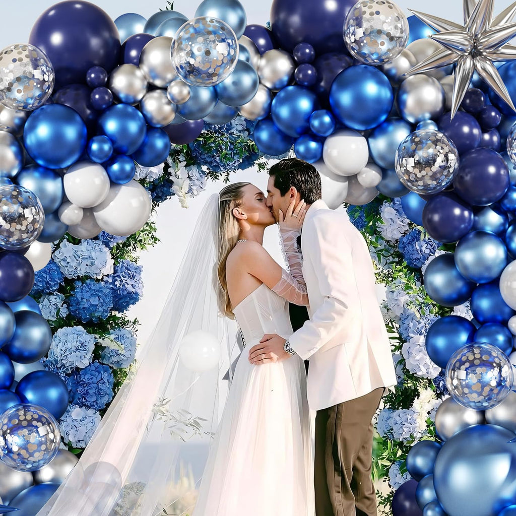 LANGASQUE 140-Piece Balloon Garland Arch Kit: Navy, Metallic Blue, Silver, White, Confetti & Foil Stars for Bachelorette, Birthday, Wedding Decor