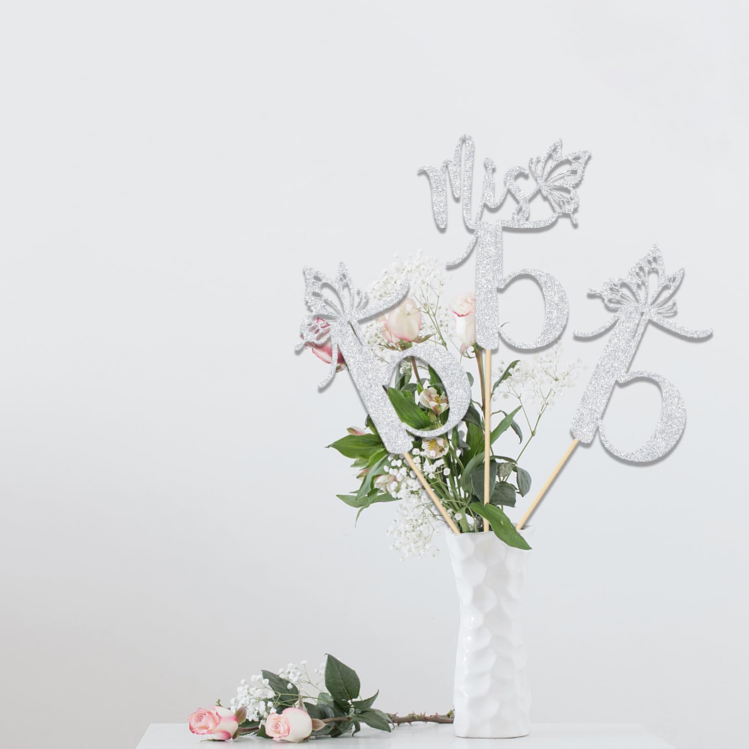 LANKBACK Mis 15 Centerpiece Sticks - Silver Glitter Paper 12-Pack for 15th Birthday Party Decorations