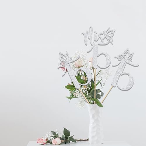 LANKBACK Mis 15 Centerpiece Sticks - Silver Glitter Paper 12-Pack for 15th Birthday Party Decorations