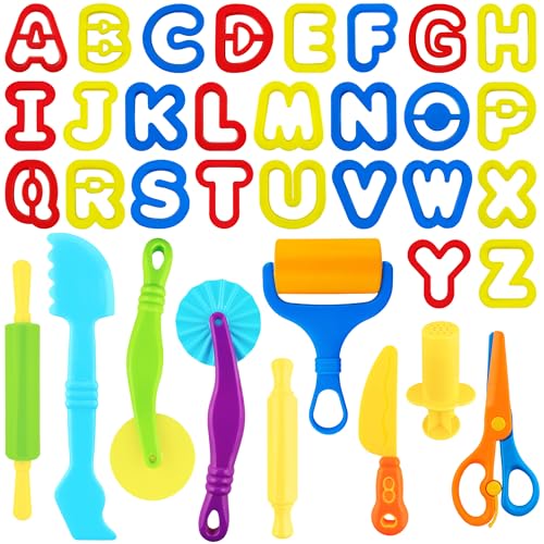 LanMa 35-Piece Dough Tools Play Set for Kids with Rolling Pins, Letter Cutters, and Safety Scissors