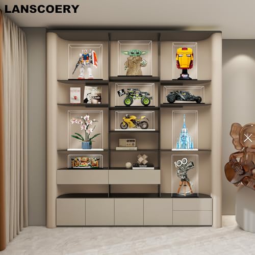 LANSCOERY Acrylic Display Case 6x4x4 - Thickened UV-Resistant Showcase with LED Light and Scraper