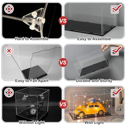 LANSCOERY Acrylic Display Case 6x4x4 - Thickened UV-Resistant Showcase with LED Light and Scraper